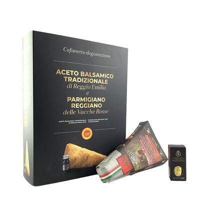 Box of Parmigiano Reggiano Vacche Rosse 40 Months and Reggio Emilia Gold Quality Balsamic Vinegar